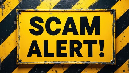 Warning sign with bold black text SCAM ALERT. prominently displayed on distressed yellow background. Black hazard stripes surround sign, suggesting danger caution. Ideal for financial safety