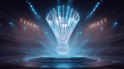 Futuristic holographic shuttlecock displayed in sci-fi arena