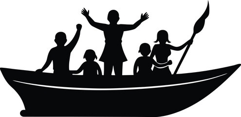 family fun adventure on a boat silhouette vector