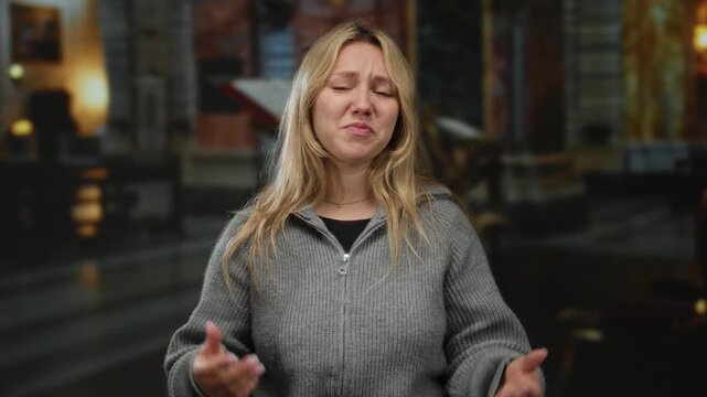 Woman gesturing emotionally in a church setting, blonde hair, wearing a grey sweater, with a blurred altar background, conveying sadness or distress indoors.