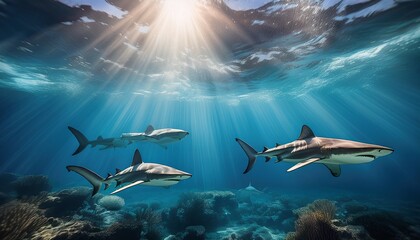 Fototapeta premium four sharks swim gracefully under crystal clear waters with light rays piercing the surface creating an awe inspiring underwater scene