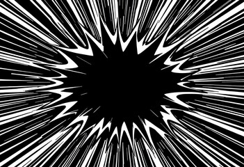 Abstract black and white comic book style explosion; radiating lines, jagged edges, intense contrast,  retro,  vintage