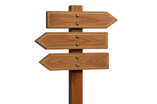 Wooden directional signpost with three blank arrow-shaped signs and brass accents, offering choices and guidance