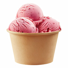 Pink raspberry ice cream scoops in brown paper cup isolated on transparent background