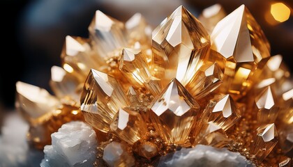 intimate details close up of intricate golden crystal cluster within a rich quartz matrix perfect for jewelry design film production or luxury branding