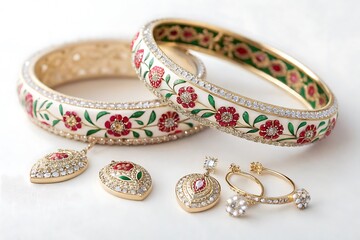 Ornate jewelry set with floral and gem designs