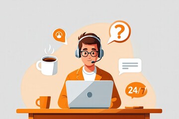 Customer service representative with headset and laptop vector illustration in flat design concept for online support and communication