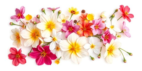 Delicate blooms of various colors, isolated on pure white background, daisy, iris