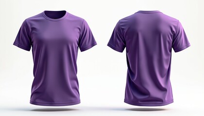 Front, back view of plain purple t-shirt with short sleeves. Blank apparel made from comfortable cotton fabric, perfect for casual wear, sports, promotional use. Ideal for fashion mockups, t-shirt