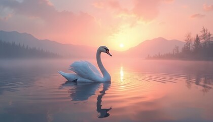 Fototapeta premium Serene sunrise over misty lake with a lone swan floating gently. Soft pastel hues fill the sky, reflecting on the calm water. Distant mountains and trees create a peaceful, dreamlike atmosphere.