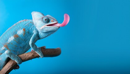 banner with funny blue chameleon with extended pink tongue while hunting against blue background
