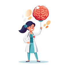 Creative female doctor holding human brain-shaped balloon, unique medical vector illustration for healthcare, neurology, mental health awareness and education
