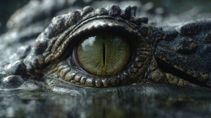Close-up crocodile eye, swamp water, reptile texture, wildlife documentary