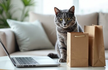 Curious gray tabby cat sits near paper shopping bags and laptop at home. Eco-friendly concept, online shopping, delivery, zero waste reuse. Adorable pet interested in packages.