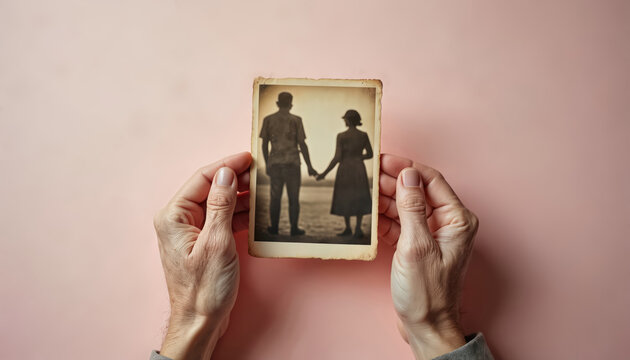 Elderly hands hold vintage photograph of couple, evoking lost memories, concept of Alzheimer. Faded image shows man, woman holding hands, representing past love, remembrance. Gentle pastel background. - Powered by Adobe