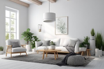 Bright airy living room featuring a white sofa armchair round wooden table potted plants and a gray rug under a pendant light