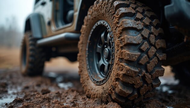 Rugged off-road vehicle tire caked in mud, showing aggressive tread pattern for maximum traction on challenging terrain. Explore nature, adventure with powerful automotive equipment designed for