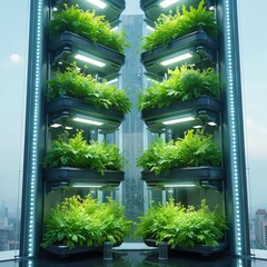 Fototapeta premium AI-operated urban farm inside skyscraper showcases vertical agriculture technology with vivid colors and white accent. Rich green plants grow in stacked hydroponic modules under bright LED lights.