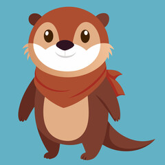 Obraz premium A cute cartoon otter wearing a red scarf stands happily against a simple blue background