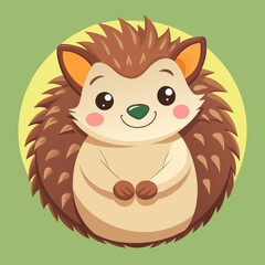 Adorable cartoon hedgehog with big eyes and rosy cheeks smiling happily against a soft green background within a yellow circle