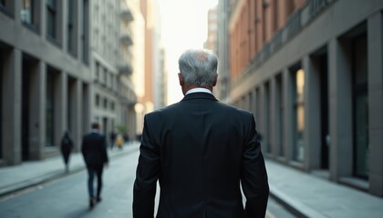Senior businessman walks down urban street. Dressed in black suit, gray hair visible. Reflects confidence and elegance. Cityscape background with blurred figures and architecture.