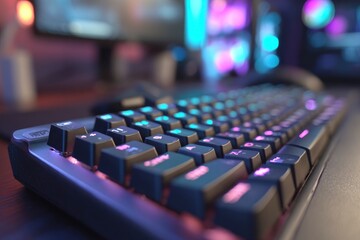Fototapeta premium Closeup of a gaming keyboard with vibrant blue and purple backlighting showcasing keys and the keyboards edge set against a blurred background