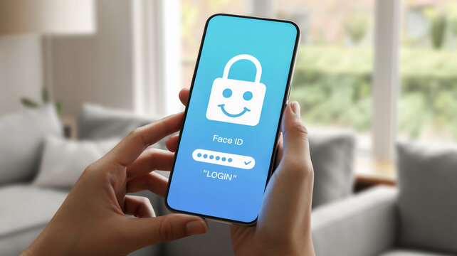 Person Using Smartphone with Face ID Login Screen Displayed mobile phone technology