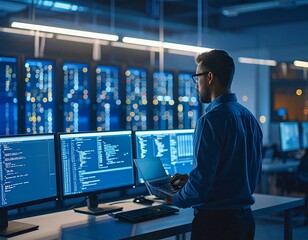 Man in server room working