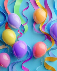 Colorful balloons and ribbons on blue background, celebration concept, party invitation design