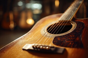 Fototapeta premium Closeup of an acoustic guitar its strings taut and bridge visible set against a blurred background of musical instruments