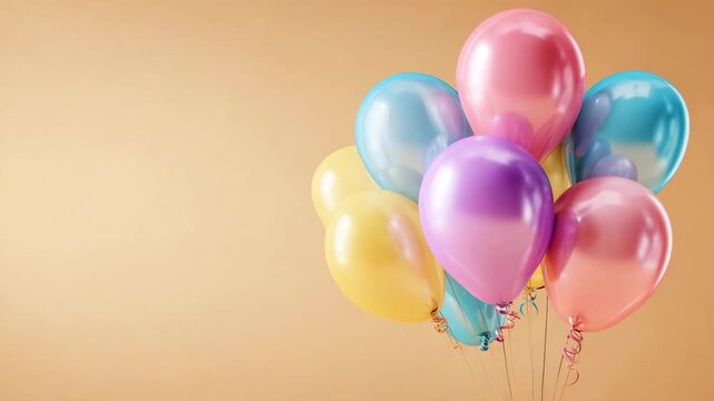 Happy birthday animated greeting card for holiday, with colorful balloons on beige background, copy space, party background