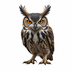 Naklejka premium Close Up Portrait Of A Brown And Black Owl With Bright Orange Eyes Isolated Transparent Background