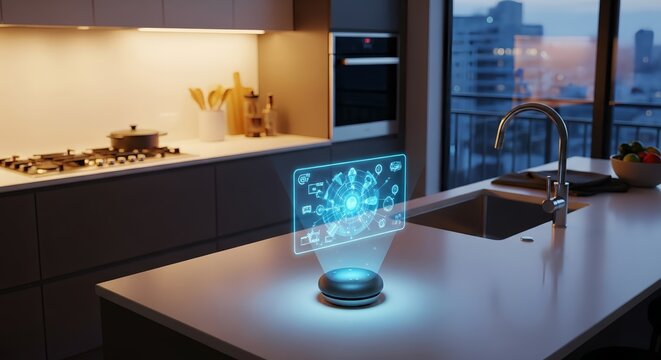 Smart kitchen assistant hologram displays futuristic home automation interface - Powered by Adobe