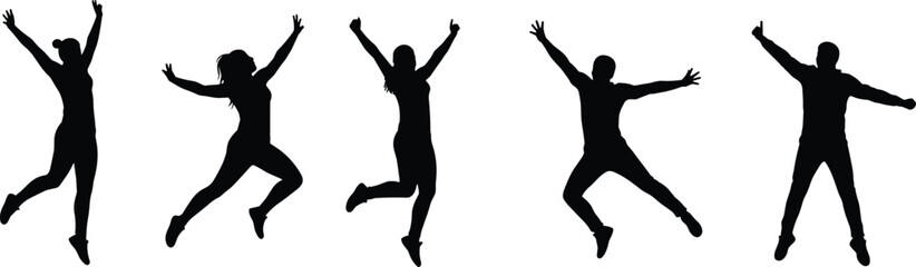 Silhouette of five people jumping with arms raised, energetic and joyful group in dynamic poses, vector illustration representing happiness, freedom, celebration, movement, and teamwork