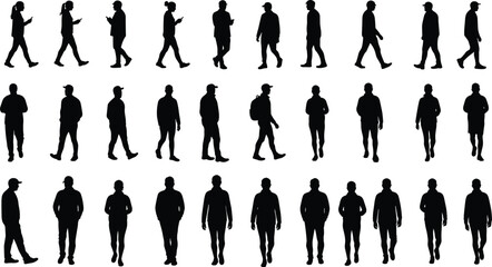 Silhouettes of diverse people walking, multiple poses of men and women in casual attire, vector illustration representing movement, everyday life, travel, urban lifestyle, and activity