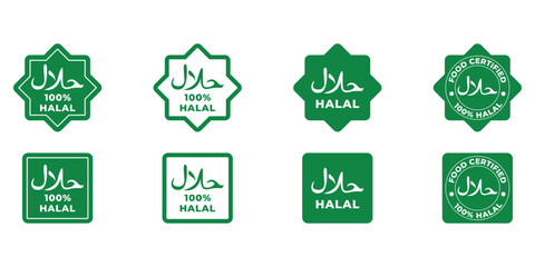 Collection of Green Halal Certified Food Labels: Various Shapes and Styles, 100% Halal Arabic Script.