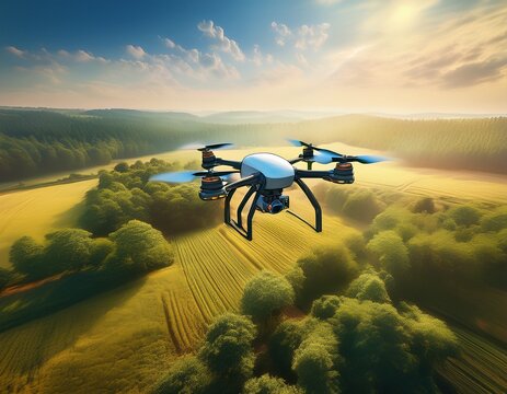 drone flying over a field and forest in daylight generative ai