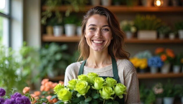 Smiling female florist owns small business, happily holding green rose bouquet in flower shop. Entrepreneur success, vibrant blooms, fresh arrangements. Retail store interior.