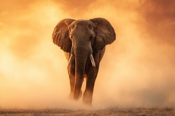 Obraz premium Elephant strides amidst dust front view large ears extended ivory tusks visible amber haze background