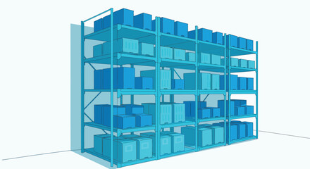 Blue metal shelves filled with blue storage boxes against a white background