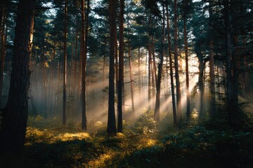 Fototapeta premium Forest scene with sunbeams filtering through tall trees illuminating the undergrowth