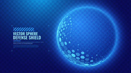 Geometric Dome Shield on a Dark Background. Futuristic Glowing Protection 3D Sphere. Technology Style HUD Design Element. Hexagon Force Field Shield. Vector Illustration. Digital Security Concept. © ec0de