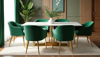 Fototapeta premium Elegant dining room features plush green upholstered chairs around modern marble table. Stylish decor with ample green plants creates bright, inviting ambience. Space combines contemporary furniture