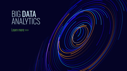 Fintech Big Data Visualization. Abstract Digital Circles of Particles. Futuristic Circular Sound Wave. 3D Virtual Space VR Cyberspace. Crypto Currency Blockchain Concept. Vector Illustration.