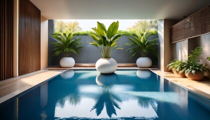 modern spa interior featuring a large white vase with tropical plants beside a luxurious swimming pool creating a serene and relaxing atmosphere for wellness and rejuvenation