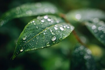 Green leaf covered in water droplets detailed veins visible