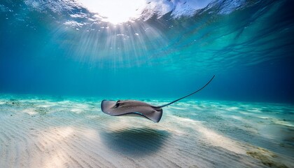 a stingray gliding gracefully over the sandy ocean floor in clear turquoise water illuminated by sunlight concept stingray behavior ocean floor habitat marine life photography sunlit waters