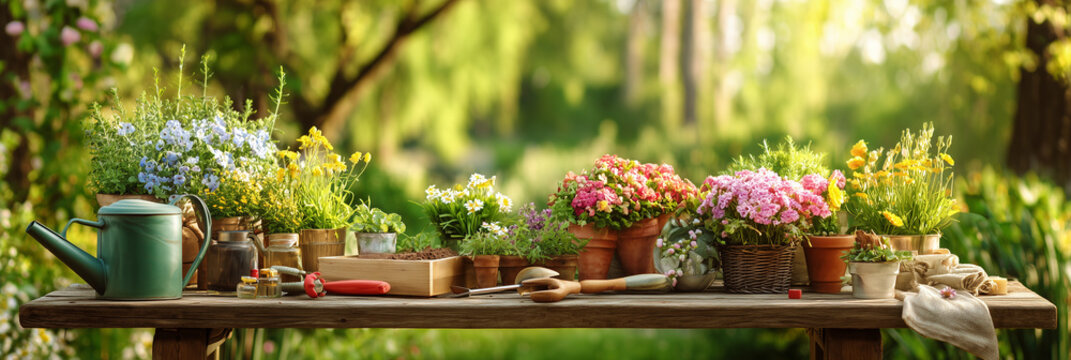 Green watering can and potted flowers on wooden table in garden gardening potted plants