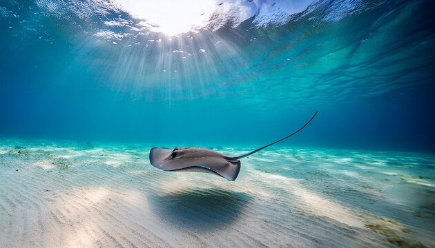 a stingray gliding gracefully over the sandy ocean floor in clear turquoise water illuminated by sunlight concept stingray behavior ocean floor habitat marine life photography sunlit waters - Powered by Adobe