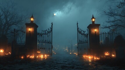 Eerie cemetery entrance gates illuminated by flickering lanterns on a misty night © AbirHasanSelim